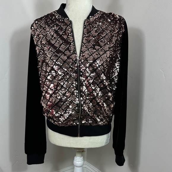 Privy Rose Gold Sequin Bomber velour Jacket Large - Picture 2 of 9